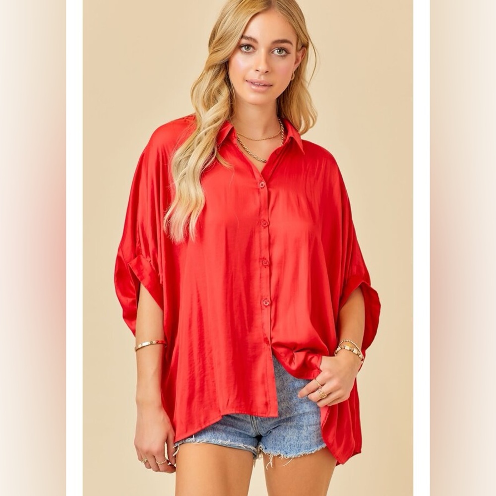 NWT Oversized Button Down Tencel Shirt Dress-Red - Medium
